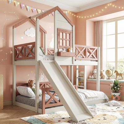 Lit superposé avec glissade, barrière de sécurité et rangement AVELOR Kids Playhouse - aucun sommier nécessaire