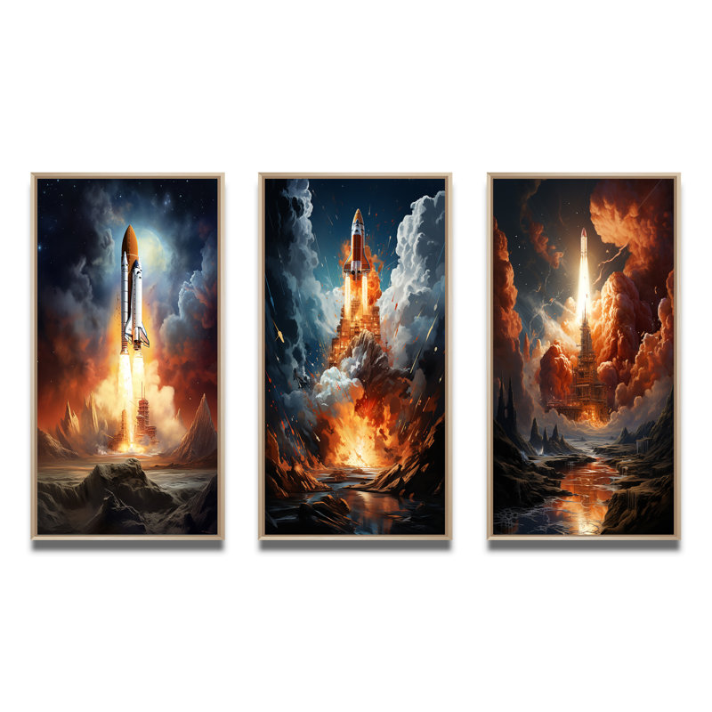«Rocketship Celestial Dreams», 3 pièces sur toile, Cadre naturel flottant, H 28 po x l 36 po