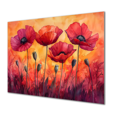«Autumn Dance Of The Fiery Poppies II» - Art mural en métal coquelicots pour le salon