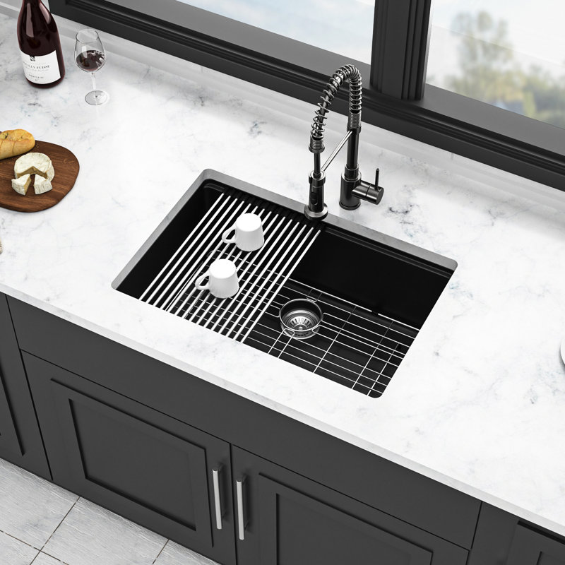 28 - Inch By 19 Black Quartz Workstation Undermount Kitchen Sink High End Material, Smooth Surface, Eliminates Vibration, With Drying Roll Up Rack And Bottom Grid Black, 28" X 19", Composite,