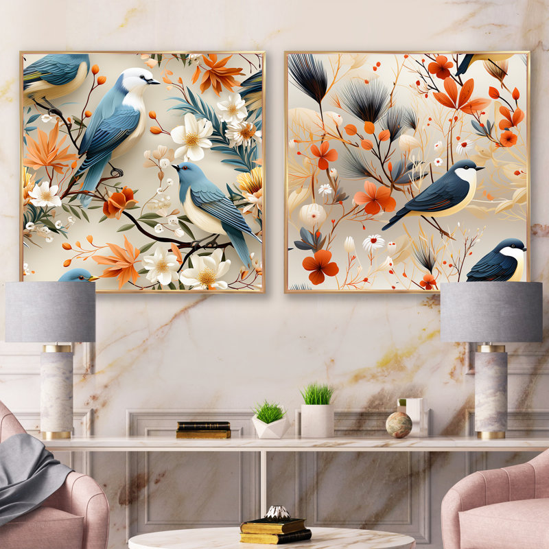 Collage Maelyss Birds On Branch, Cadre flottant doré, H 36 po x l 73 po