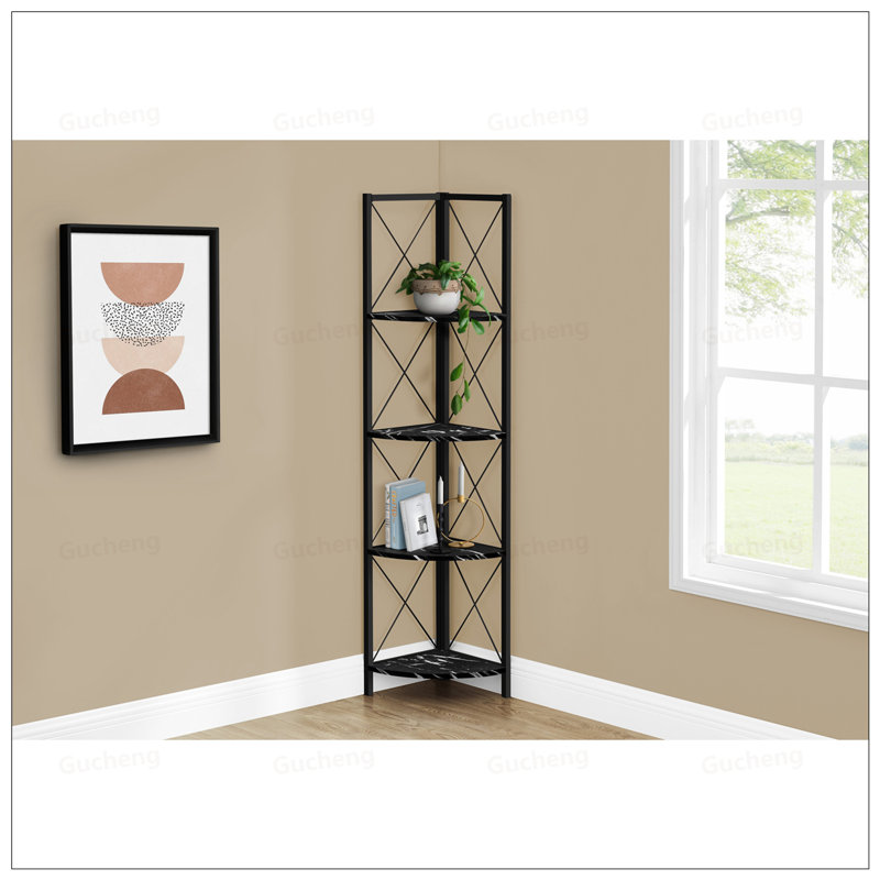 4 Tier Metal Etagere Bookcase With Fan-Shaped Shelves, Modern Marble Look, Perfect For Corner Spaces
