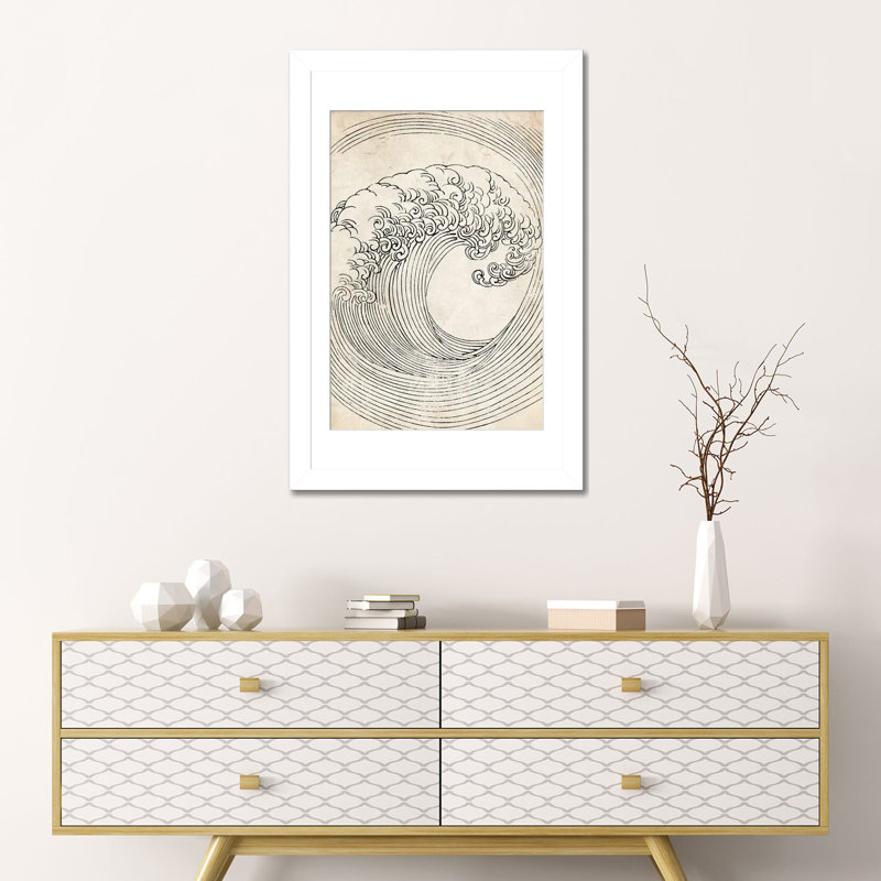 Croquis de vague zen rétro, Cadre blanc à coins ouverts, H 24 po x l 16 po