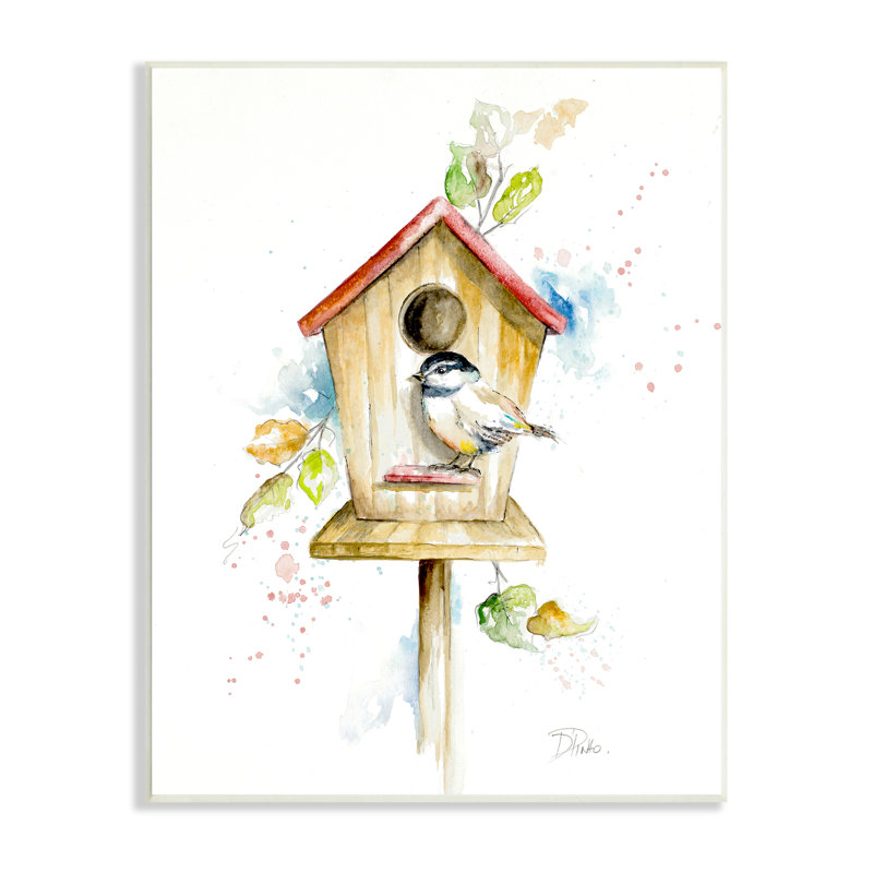 Printemps, jardin, maison d'oiseaux, arrière-cour, illustration de Robin Pinto, Plaque murale, H 10 po x l 15 po