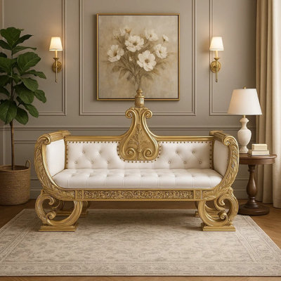 Rexx 71 Inch Bench Sofa, Gold Ornate Carvings, White Faux Leather