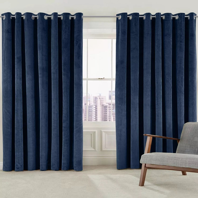 Crushed Velvet Eyelet Window Curtains, Blue, 168cm Width x 137cm Drop