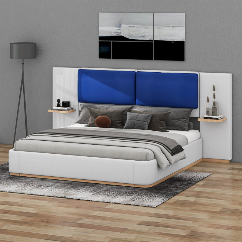 Lit plateforme tapissier avec panneau, coins arrondis doux anti-collision, gris, Grand