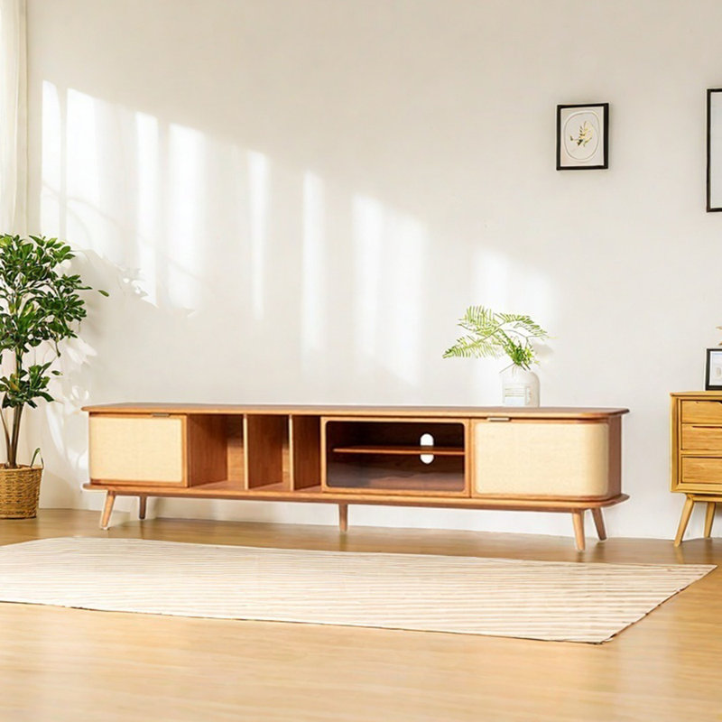 Meuble télé avec verre en rotin de bois, Brun clair / Burlywood, 78.74"