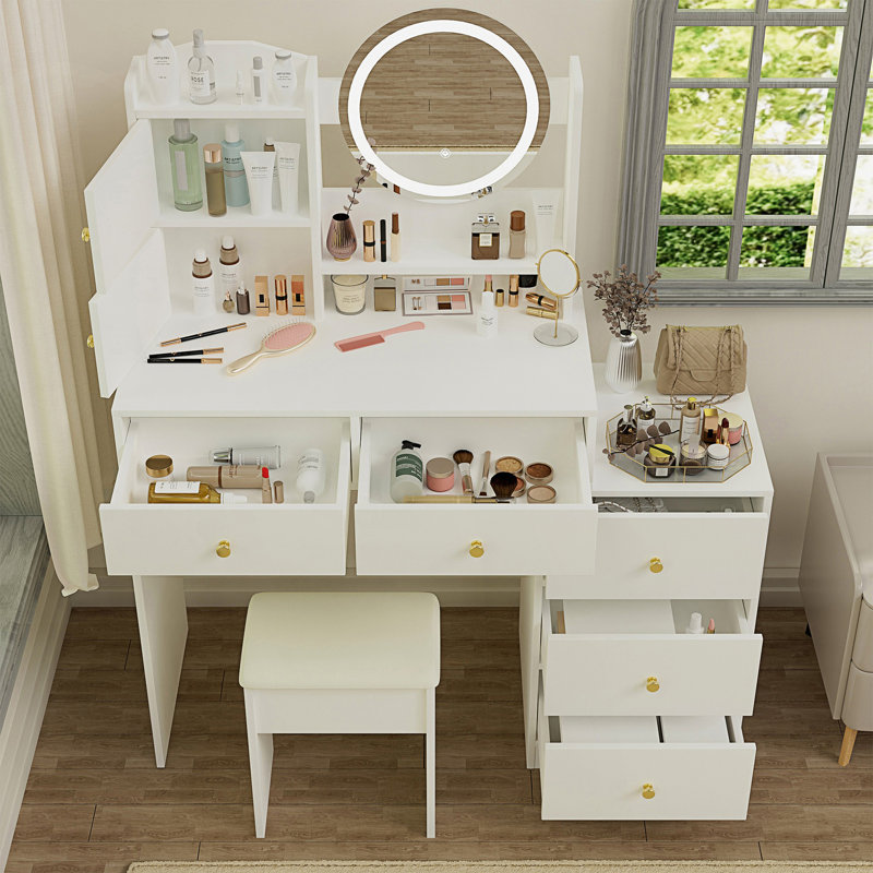 Bureau de coiffeuse Fashion avec miroir et lumières, miroir de coiffeuse avec lumières et ensemble de table