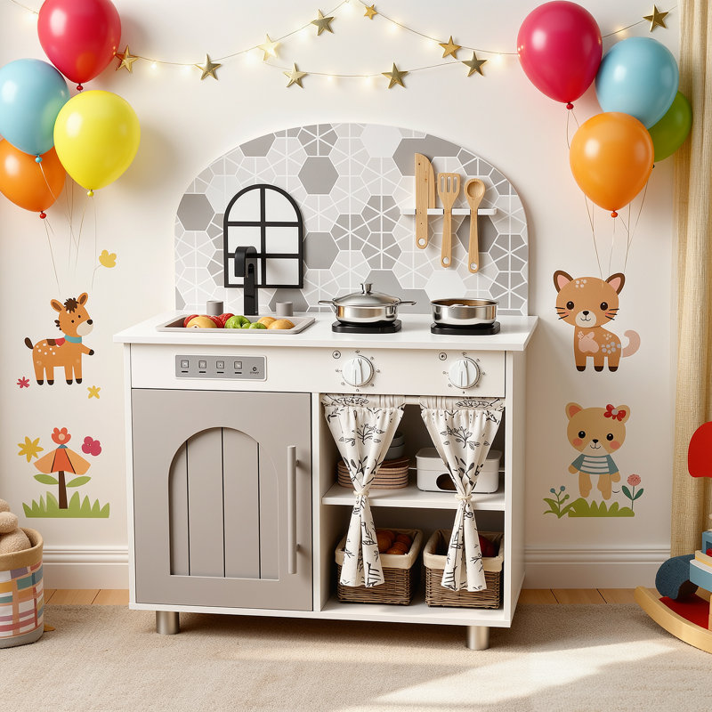 Immersive Wooden Play Kitchen with Removable Sink, Clicking Knobs & Curtained Storage, Realistic Pretend Toys, a Perfect Christmas Gift, to Keep Playroom Tidy (White)