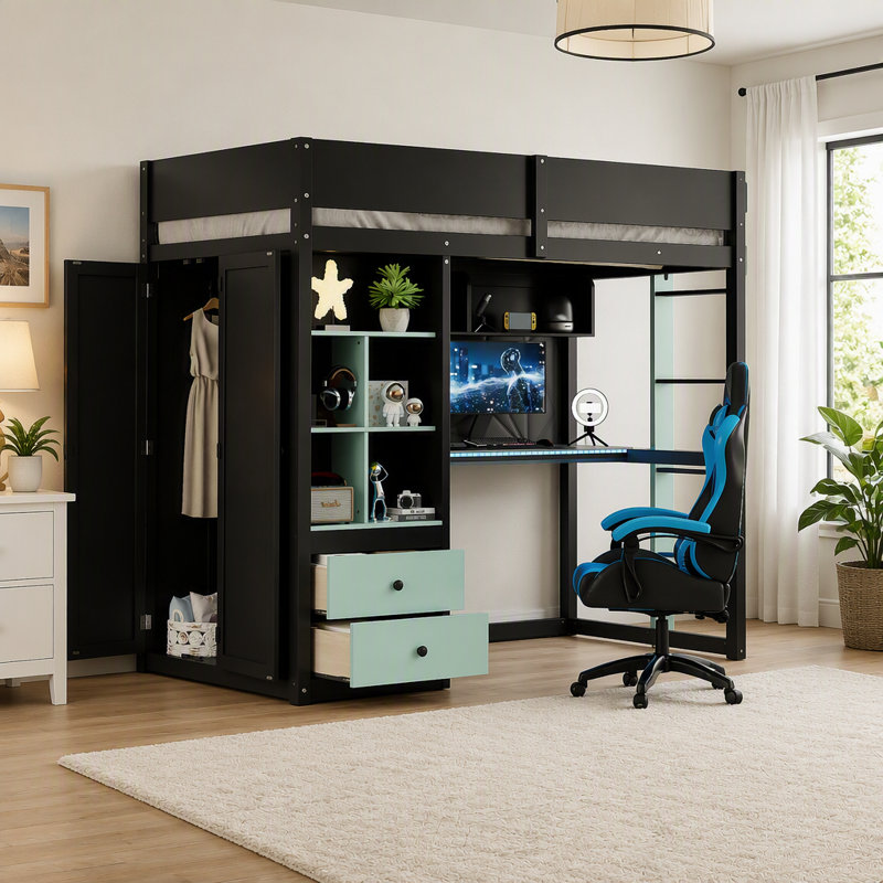 Lit mezzanine simple en bois massif avec bureau, armoire de rangement et garde-robe, lit mezzanine haut avec bande lumineuse à DEL avec contrôle intelligent APP, ports de charge USB