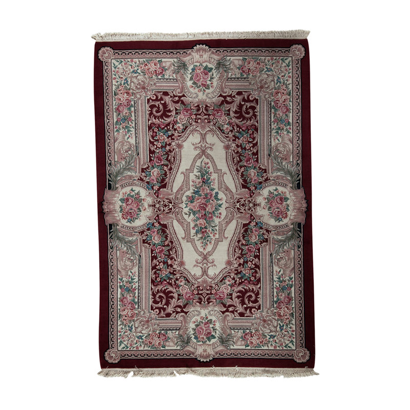 Tapis unique rouge / beige / vert noué à la main de 5 pi 9 po x 8 pi 9 po