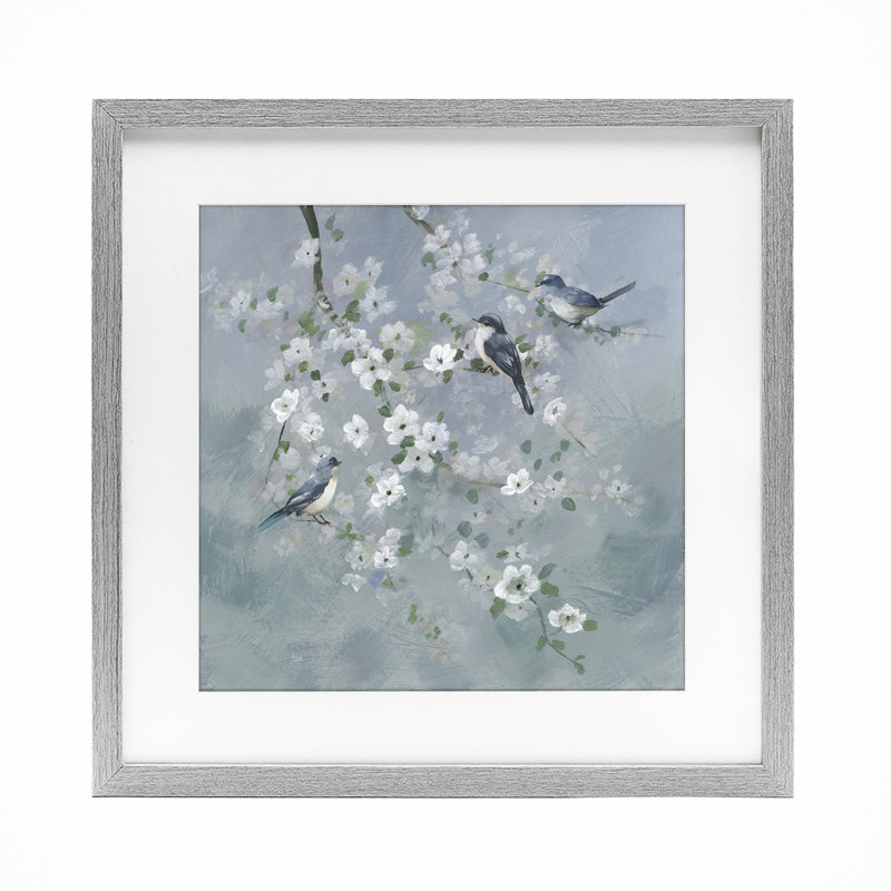Serene Birds on White Blooms, reproduction encadrée sous verre, design par Nan, H 13 po x l 13 po