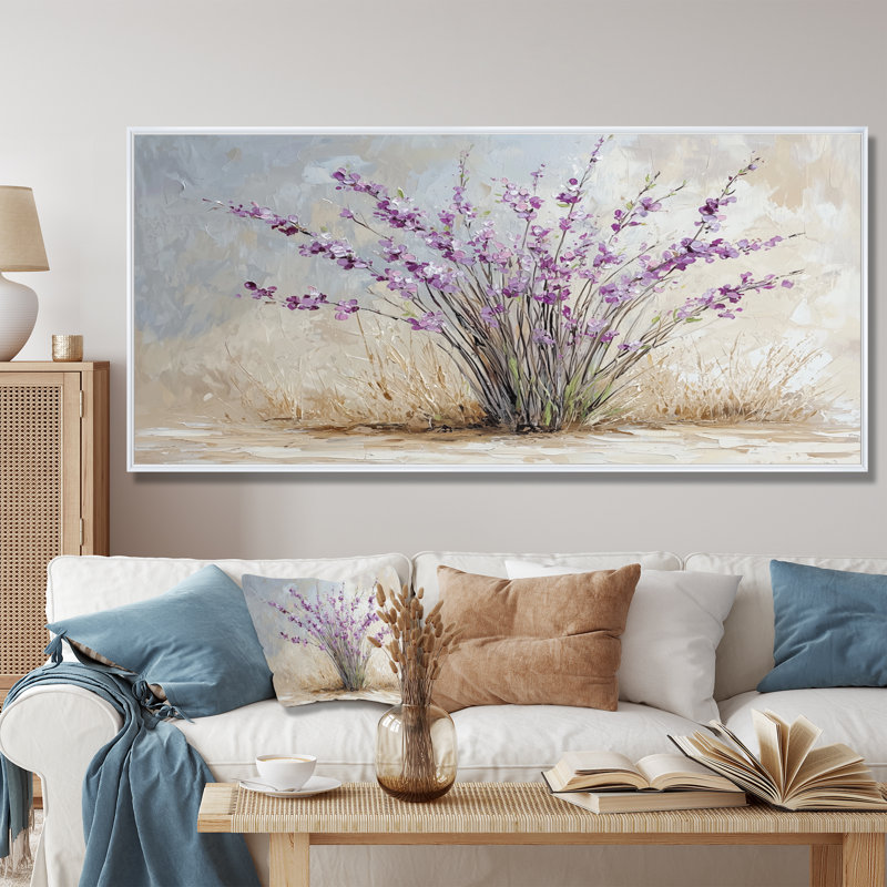 Bouquet de lavande minimaliste - art mural lavande, H 28 po x l 60 po, Cadre flottant, Blanc