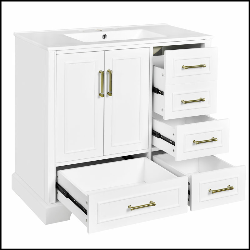 Meuble-lavabo traditionnel de 36 pouces avec lavabo en céramique, armoire blanche, portes à fermeture douce et tiroirs pour un rangement élégant