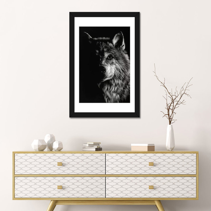 «Wolf III», reproduction de photo sur toile, H 32 po x l 24 po x P 1 po, Papier d'art encadré noir, Blanc