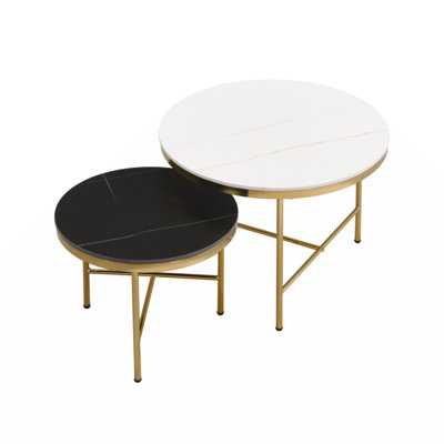 Modern Round Nesting Coffee Table Set 2-Piece Black & White Sintered Stone Top Gold Base In 23.6''&17.7 -  Mercer41, 632AEDA6A5E248E7BDCBA5C25DA0D69C