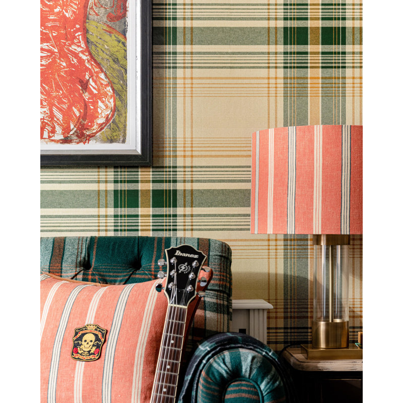 Woodstock Lifestyle Plaid Wallpaper Roll, Green/Taupe/Yellow