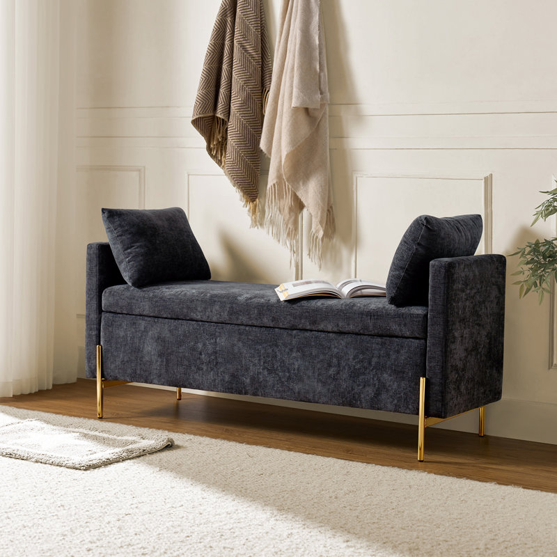 Louvenia 127cm Upholstered Flip Top Bench With Subdivided Storage and Toss Pillows, Black