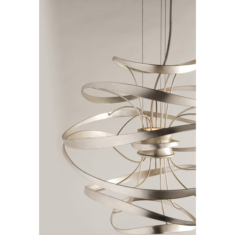 Calligraphy 2 - Light Unique Geometric LED Chandelier, 24" H x 26" W x 26" D, Silver Leaf with Polished Stainless Accents