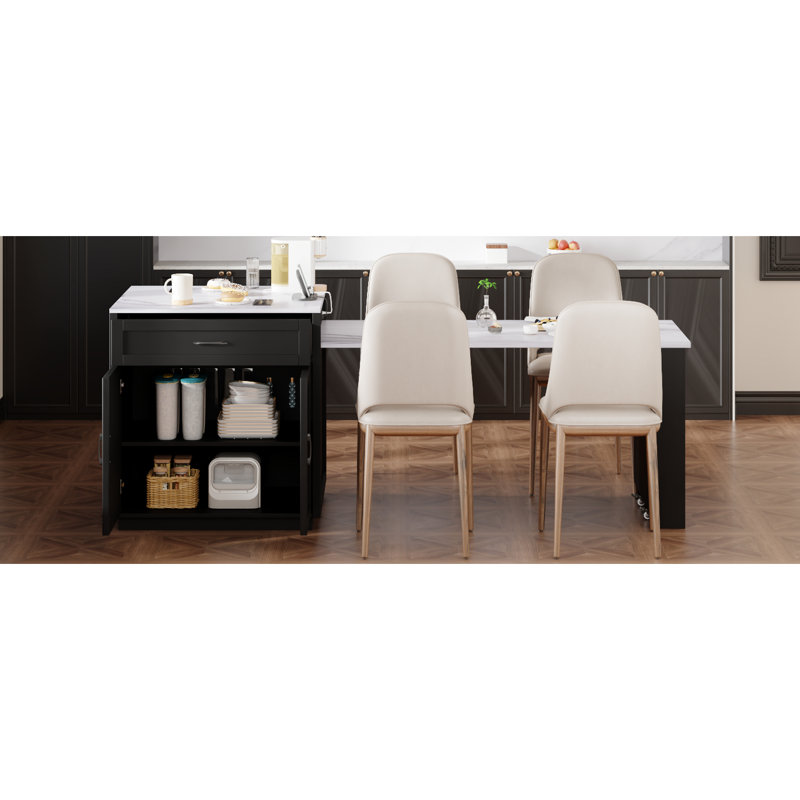 Îlot de cuisine extensible pour 2 à 6 personnes, plateau en faux marbre noir, grand rangement, port, charnières à fermeture en douceur modernes avec table extensible, finition, 2 tablettes ouvertes doubles, prises de courant