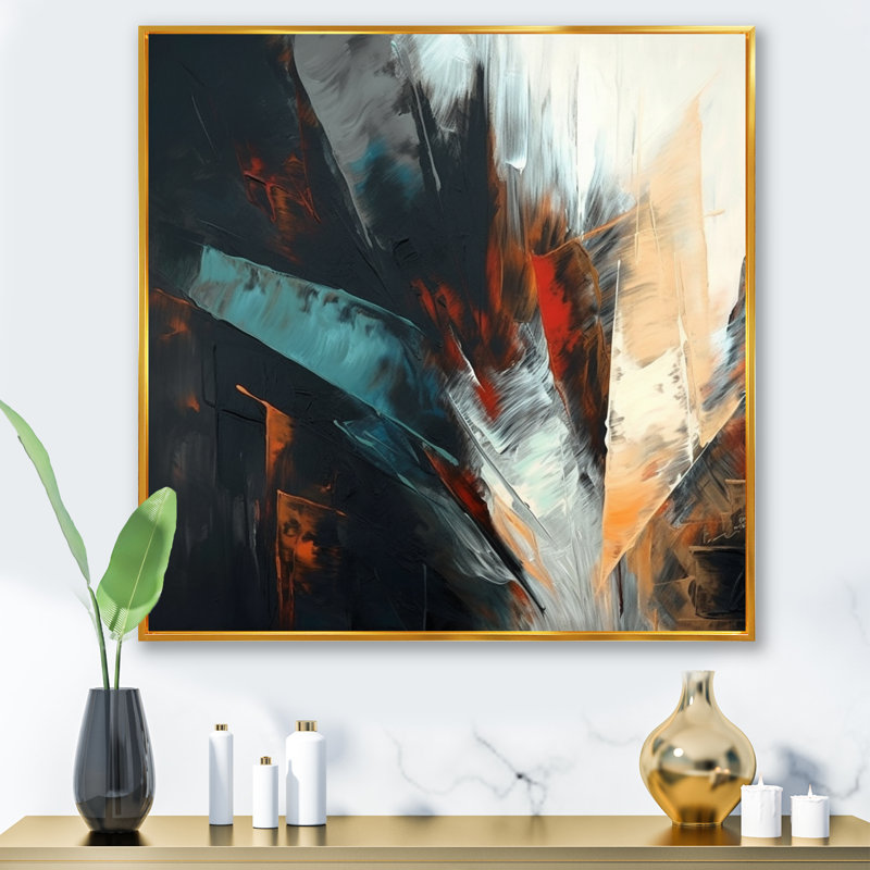 Orange et bleu abstrait couleurs mélangées II - minimalisme art mural salon, H 16 po x l 16 po x P 1 po, Cadre flottant doré