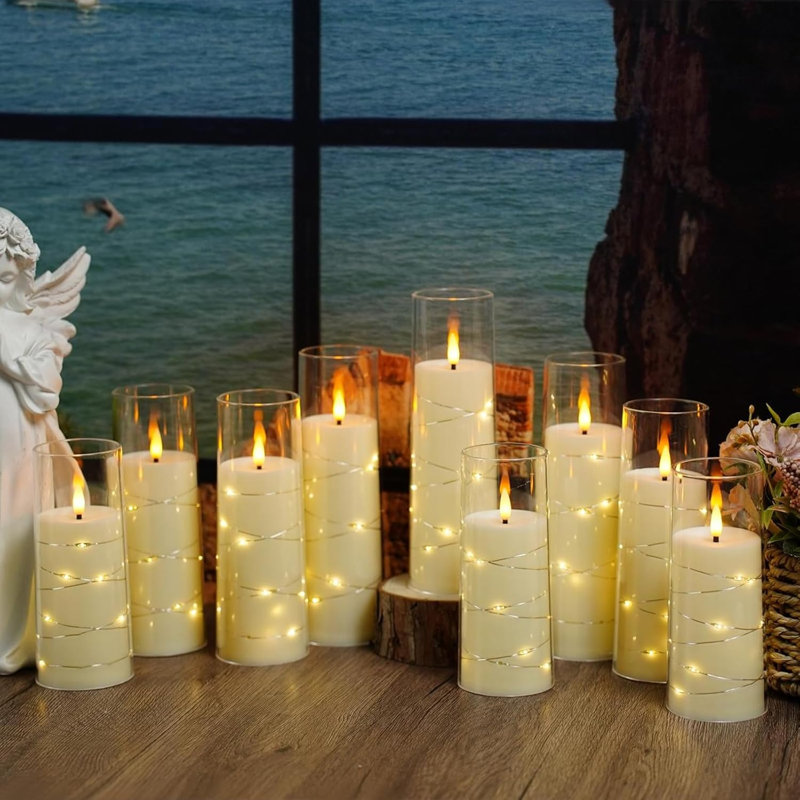 Ensemble de 9 bougies sans flamme Pure White, bougies à piles avec 2 télécommandes et minuterie, bougies à DEL en acrylique scintillantes pour la décoration de mariage, lumière blanche chaude (ensemble de 9)