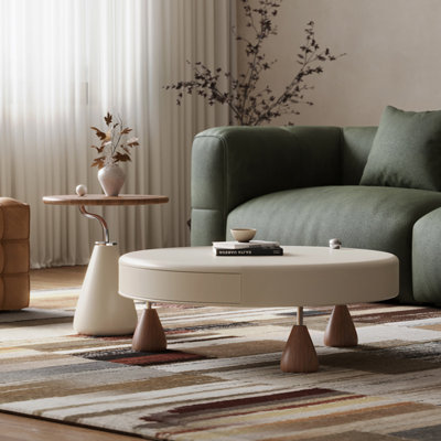 Table basse ronde avec tiroirs crème