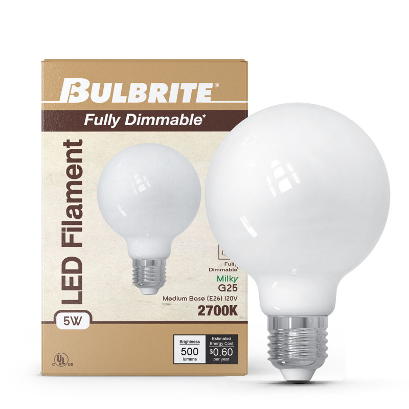 Ampoule G25 à intensité variable de 5 watts avec finition en verre laiteux et culot moyen (E26), 2700