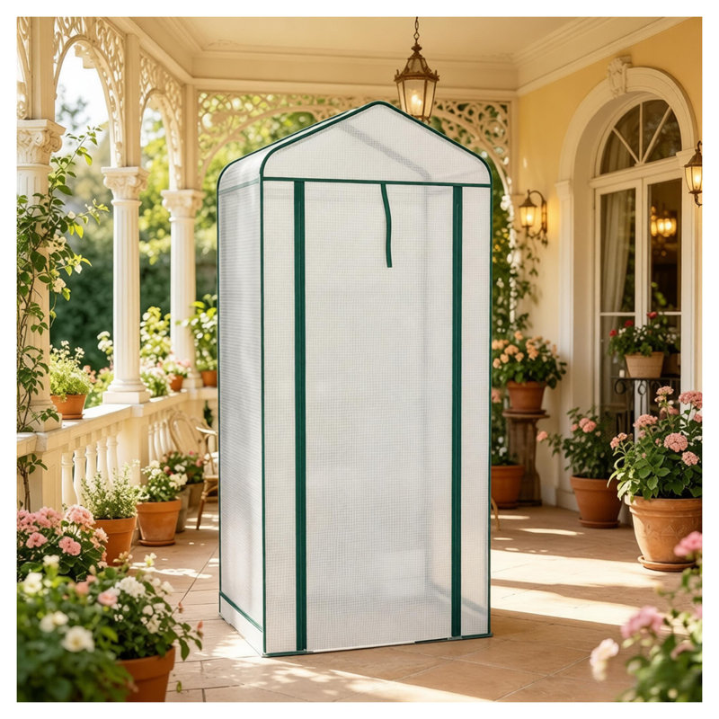Compact Outdoor Greenhouse with Double-Layer Roof and Ventilation Mesh, Dark Green/White Polyethylene Cover on Steel Frame
