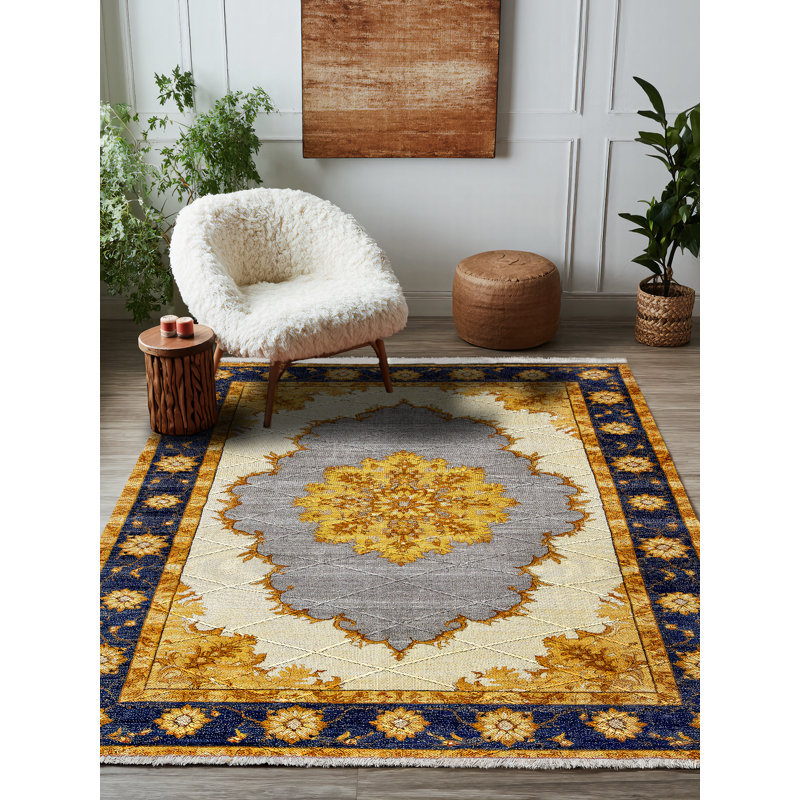 Tapis en coton à imprimé oriental jaune Girvin, Rectangle 3 pi 4 po x 5 pi