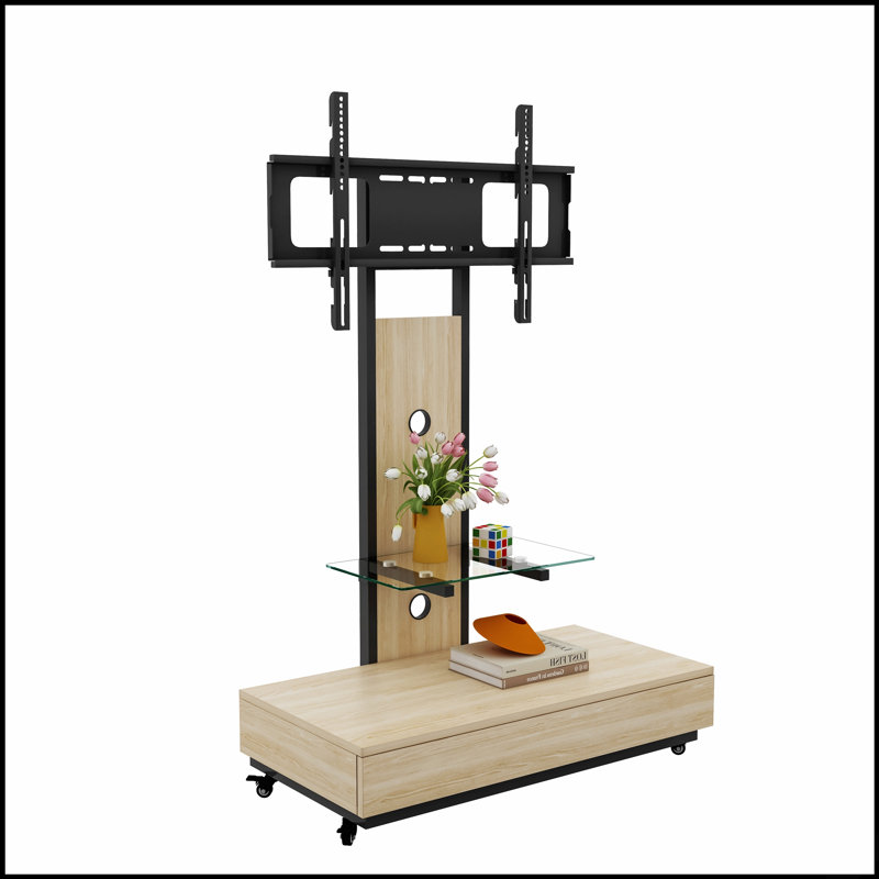Meuble télé réglable avec tiroir à tirer, chariot mobile pour 32-75 pouces, bois et verre, roues verrouillables, mobilier de salon polyvalent