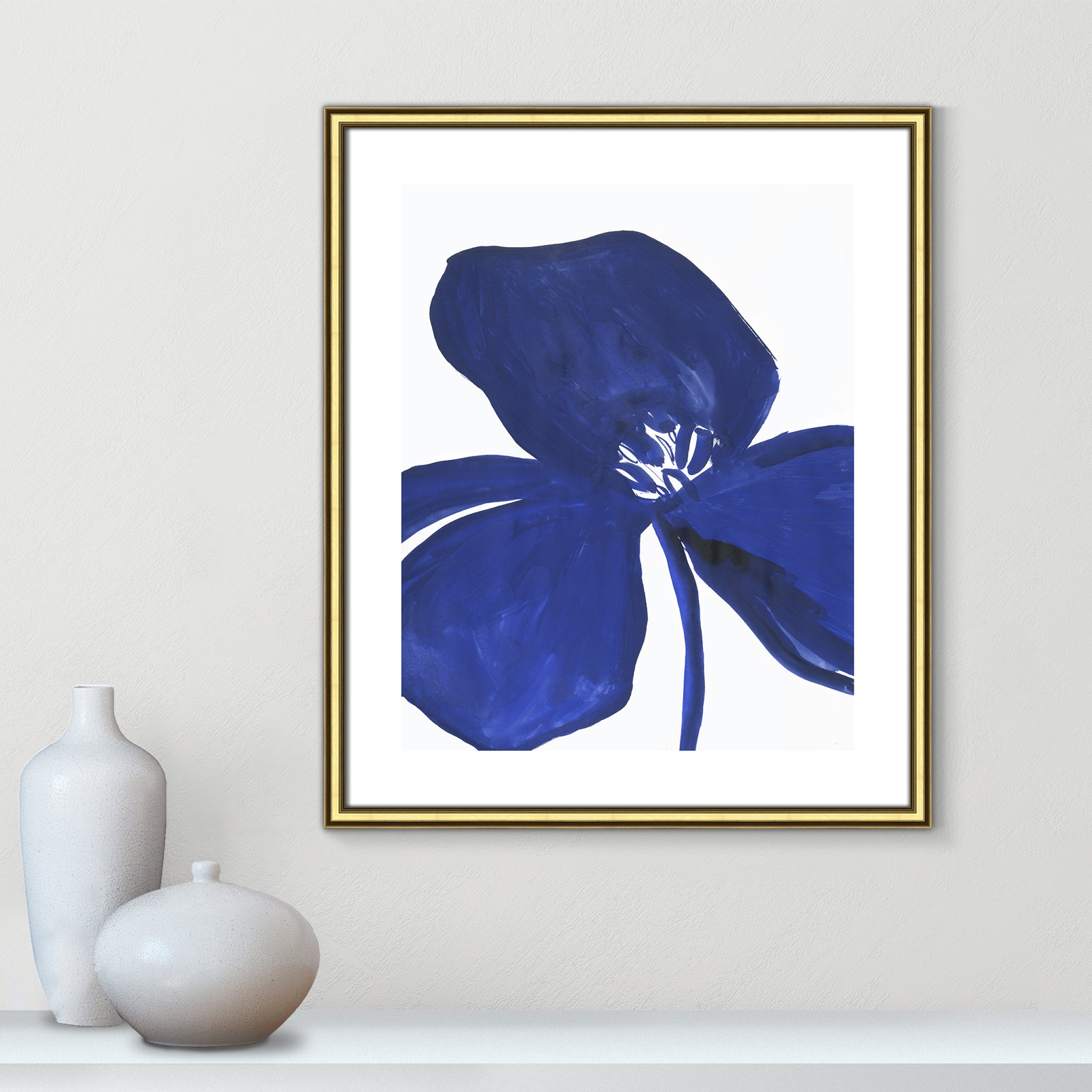Clarisse "Indigo Petal II" Painting, Gold Framed Paper, 26.75" H x 22.75" W x 0.88" D
