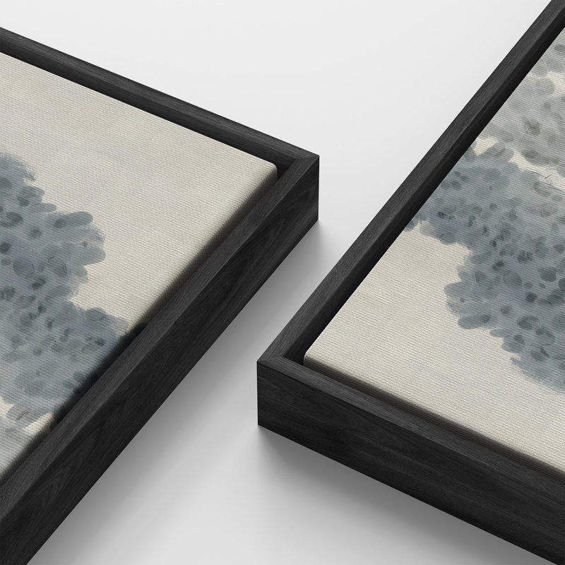 «Tranquil Tree Silhouette Over Misty Mountain Valley», reproduction d'art sur toile encadrée, Noir