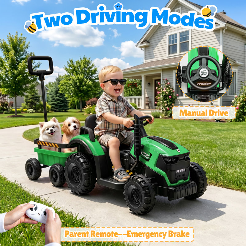 Tracteur 12 V pour enfant avec remorque détachable, télécommande pour les parents, Bluetooth et lumières, 3 à 5 ans, Vert