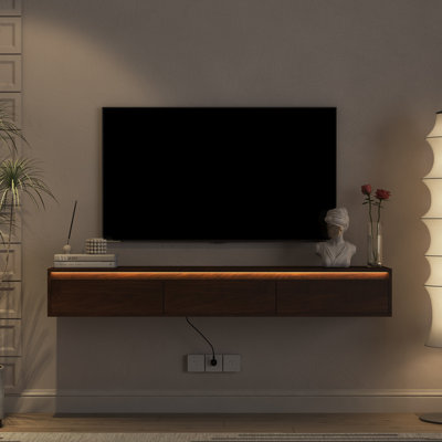 Floating Tv Stand, Wall Mounted Tv Shelf With Led Lights & Power Outlet,high Gloss Tv Cabinet For Wood Tv Stands For Living Room