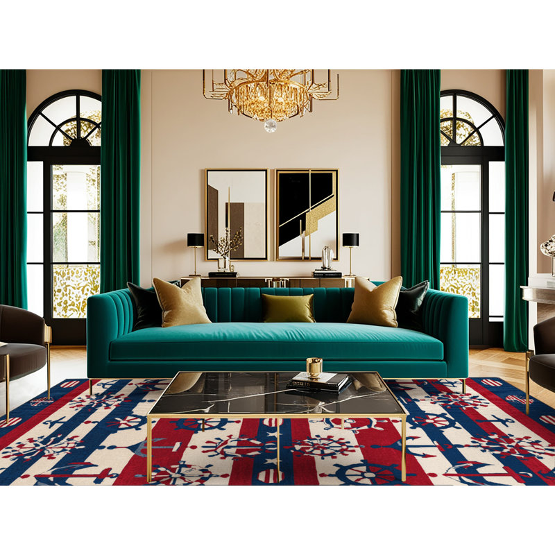  Tapis nautique lavable rouge, blanc et bleu, Rectangle 7 pi x 9 pi
