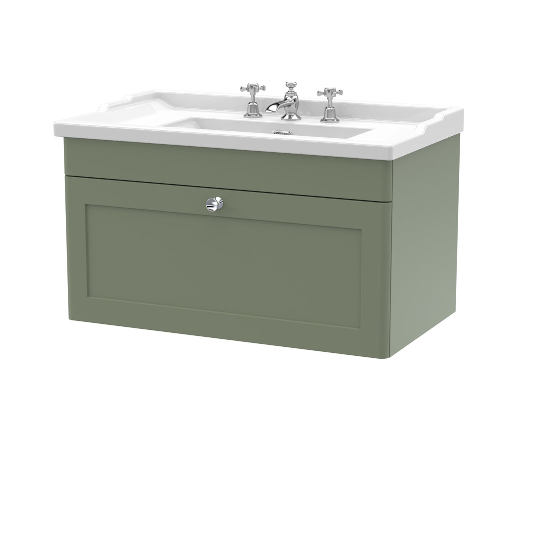 Nuie Classique Single Drawer Satin Green Wall Hung Unit And 3 Tap Hole Fireclay Basin 800Mm - Image 3