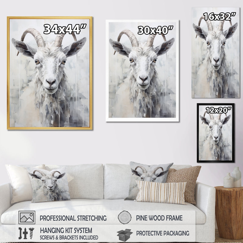 Dos et chèvre blanche sur toile, Cadre simple blanc, H 44 po x l 34 po x P 1,5 po