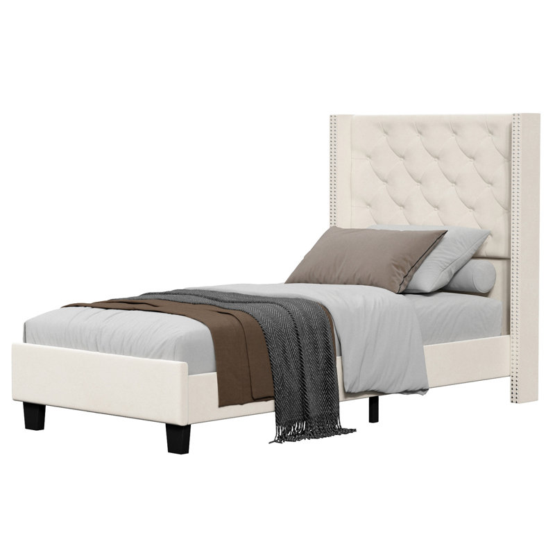 Meriton Wingback Upholstered , Metal frame, No Box Spring, Plywood Slats, Cream, Twin