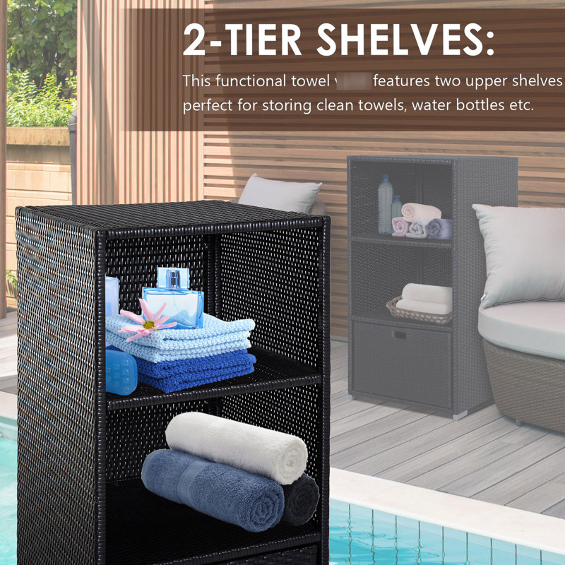 Organisateur de tiroir de support de serviette pour piscine, 2 tablettes, pour spa, spa, rangement pour baignoire foncée avec accessoires de piscine, brun