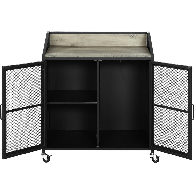 Armoire à vin à 2 portes pour la salle à manger avec finition noire sablée et design rustique, plateau de rangement pratique gris