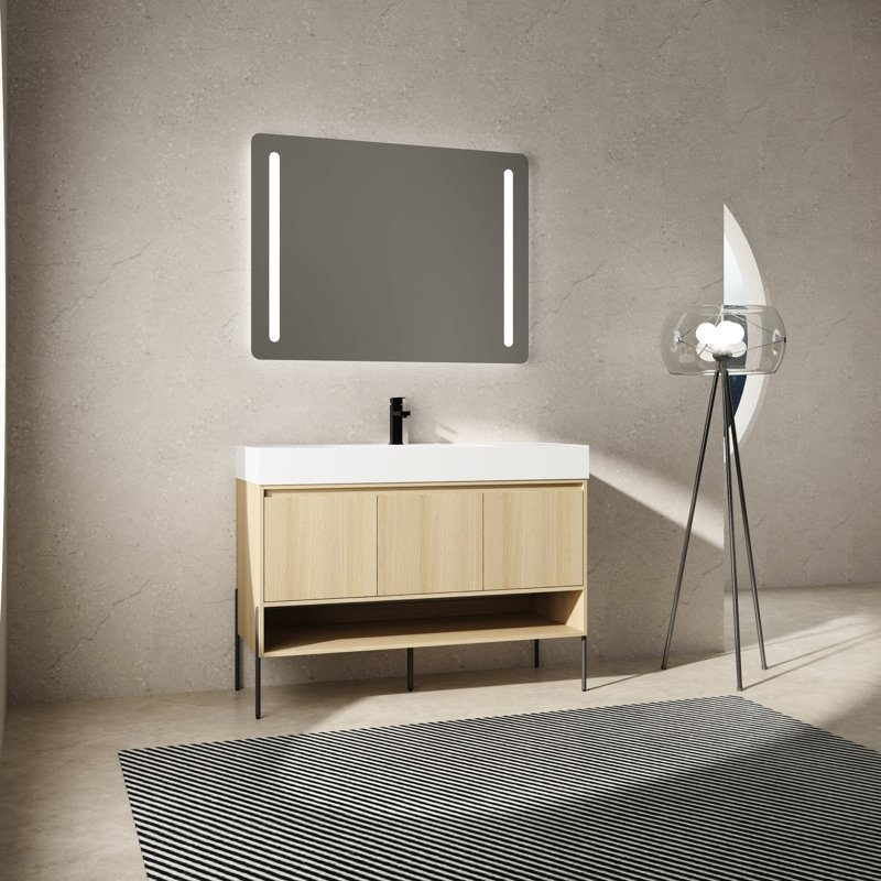 Meuble-lavabo 48 po avec lavabo simple en résine et armoire moderne à 3 portes de couleur chêne