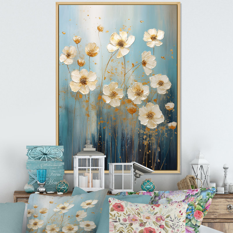 Impression d'art sur toile Minimalisme beige et bleu sur fond bleu II - boutons d'or, Encadrement doré, H 20 po x l 12 po