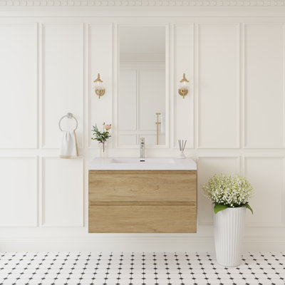 Ensemble de meuble-lavabo mural pleine grandeur 36 po avec lavabo en résine et tiroirs à fermeture en douceur entièrement assemblés, blanc brillant