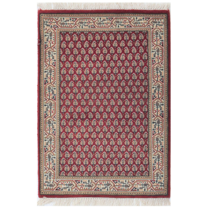 Hand-Knotted High-Quality Red and Beige Area Rug, Rectangle 2'1" x 2'10"
