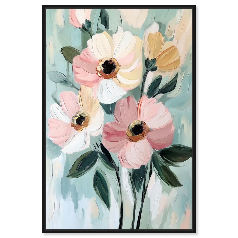 «Ethereal Petal Glow I», art floral pastel par Dakota Fields, Cadre noir, H 16 po x l 11 po