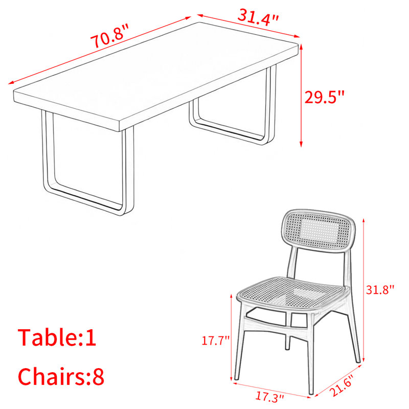 Ensemble de table rectangulaire en bois massif de style nordique, H 29,5 po x L 70,8 po x l 31,4 po