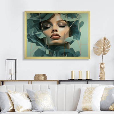 «Green and Beige Woman Blooming Flower Portrait», art mural mode