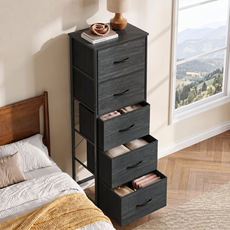 Commode verticale à 5 tiroirs avec plateau en bois Ojaswi pour chambre à coucher, commode avec structure en acier Strudy pour petit espace, tour de rangement pour placard, couloir